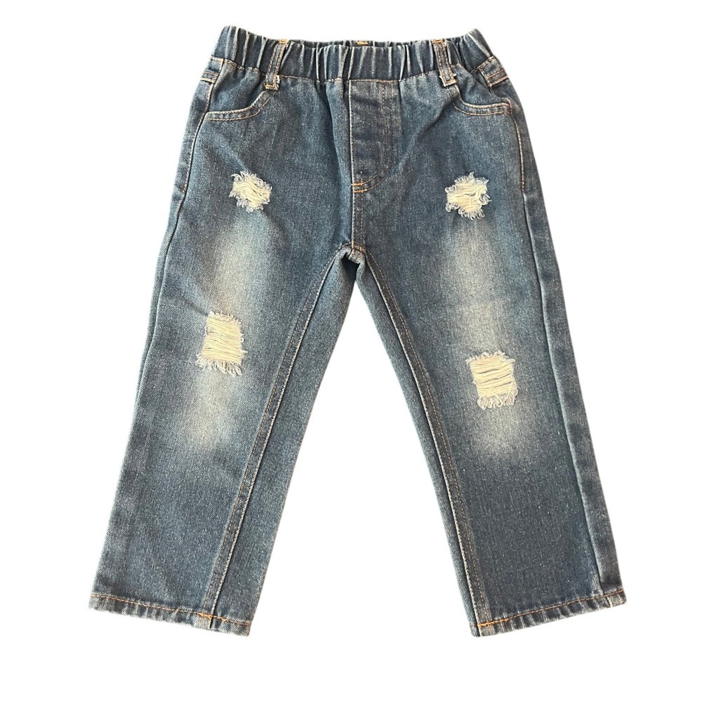 Kids Distressed Straight Leg Jeans Blue Elastic Waist Denim Size 100 (1061)
